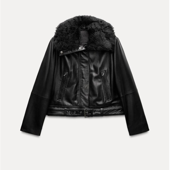 ZARA Women $349 100% Leather Jacket Black Removable faux fur collar XS NWT - Picture 5 of 13